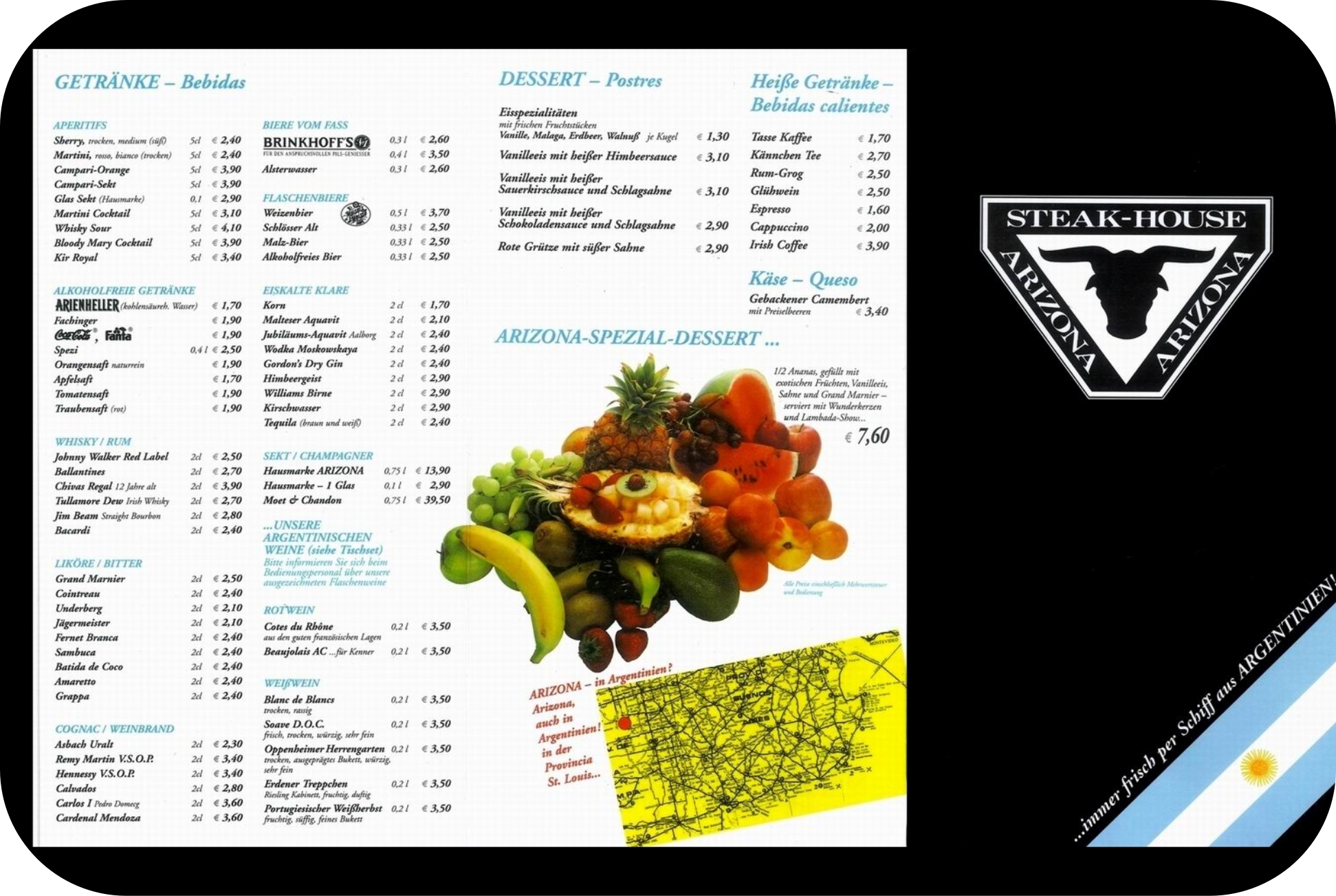 Menükarte Seite A – Getränke und Dessert